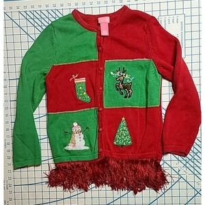 J Khaki Girls Christmas Sweater Size Large Color Block‎ Green Red Fringe